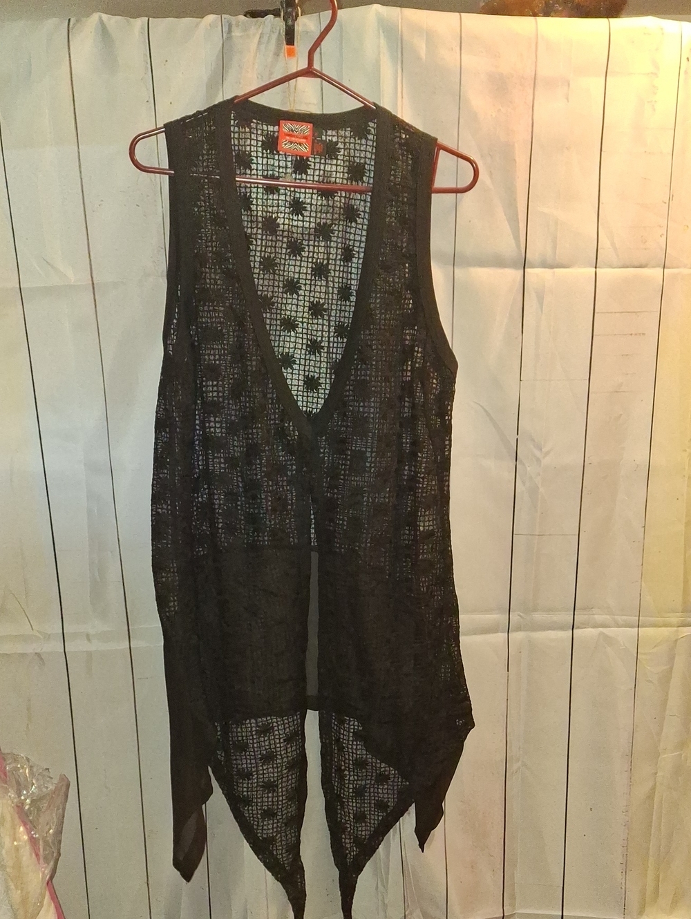 Simon Chang Black Sheer Crochet Open-Front Vest
